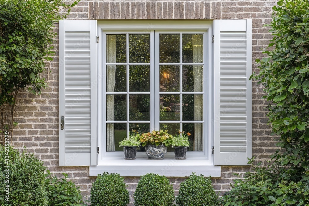 Aufkleber charming window with decorative shutters and potted plants in a serene garden setting during dayligh
