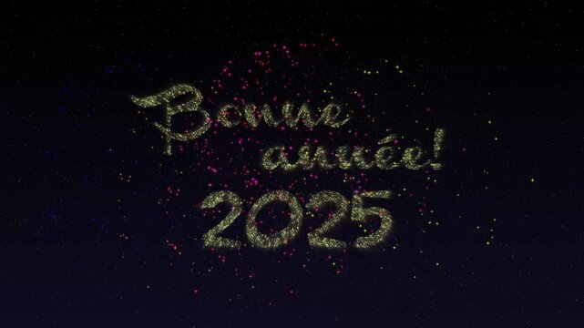 Bonne Annee (Happy New Year) 2023 - Fireworks  animation on Black background - Golden 2023. French Happy new year greetings on New Year's Eve 
