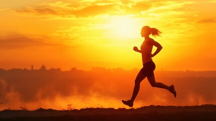 Female runner at sunrise, body in perfect condition, showcasing toned legs and arms in motion.