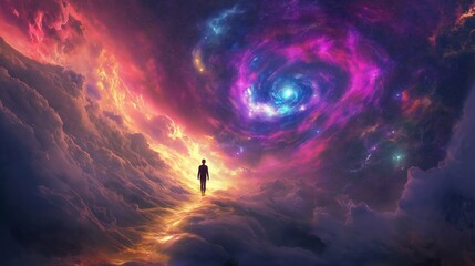 Fototapeta premium Person Walking Toward a Colorful Spiral Galaxy in a Surreal Cloudscape