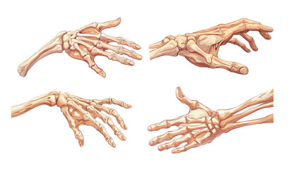 Human skeleton hand cartoon vector concepts. Fingers wrist open palm bones, anatomy detailed body part atlas medicine book, isolated illustrations on white background