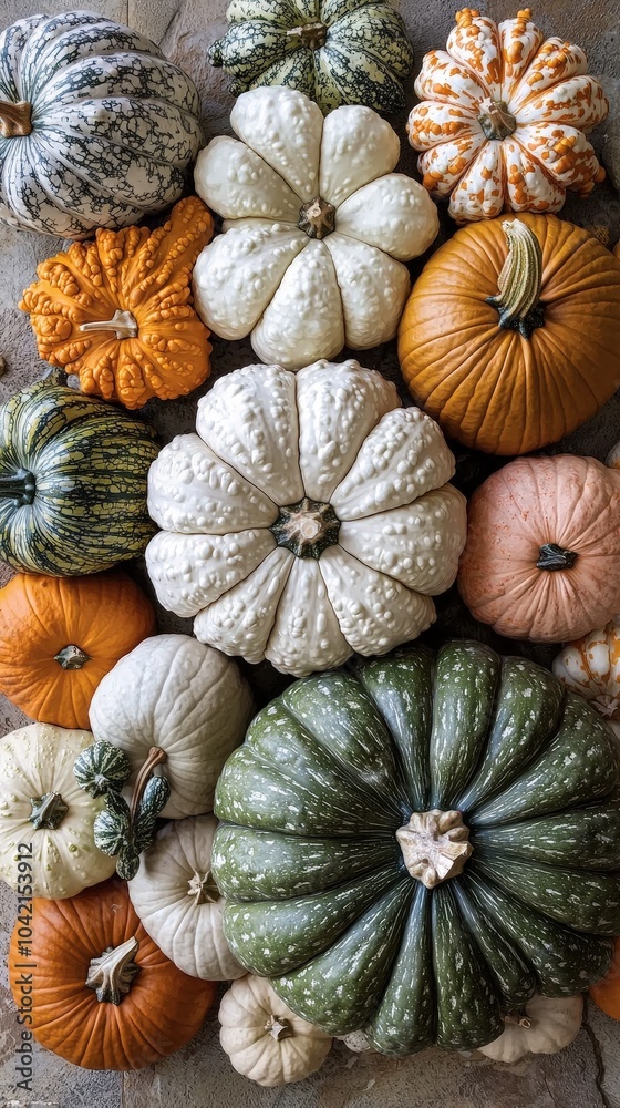Aufkleber an array of pumpkins in different colors and sizes is beautifully arranged, showcasing the essence o