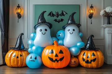 A fun Halloween photo zone featuring oversized ghost and pumpkin balloons, witch hats, and bats flying across a neon green backdrop.