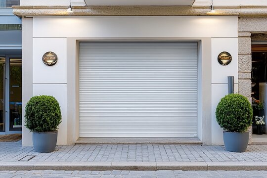 A closed rolling shutter highlights the front of a contemporary storefront, flanked by neatly manicured planters on both sides