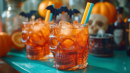 A lively Halloween drink station with punch served in skull-shaped goblets, bright straws, and bat-shaped stirrers, all on a neon green tablecloth.