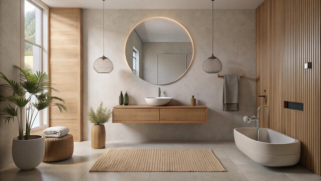 Modern minimalist bathroom, floating wooden vanity, large circular mirror, double sinks, wall-mounted faucets, walk-in shower, textured white tiles, glass shower partition, pendant light, neutral colo