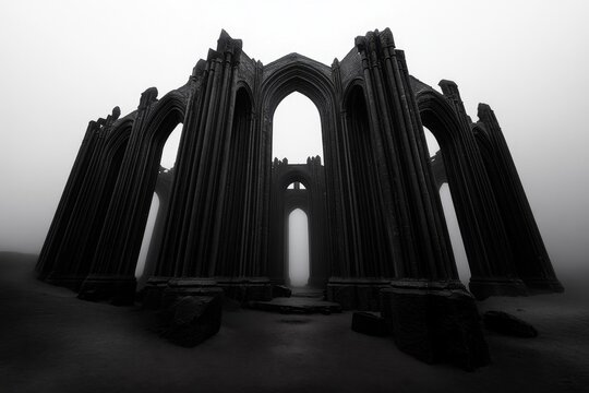 Gothic cathedral ruins, shrouded in mist and darkness with intricate stone carvings barely visible