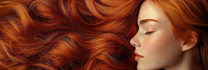 A woman with long, vibrant red hair resting peacefully with her eyes closed on a soft surface, showcasing natural beauty and tranquility