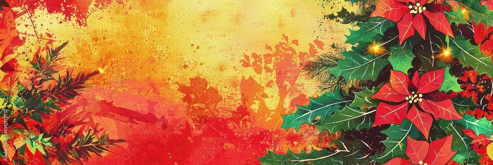 Poster Christmas tree adorned with lights and colorful poinsettias, set against a warm, festive background filled with splashes of red and yellow
