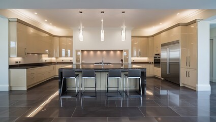 Obraz premium Luxury kitchen with open-plan layout and chic contemporary design features