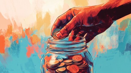 A hand drops a coin into a glass jar filled with coins, against a colorful abstract background.