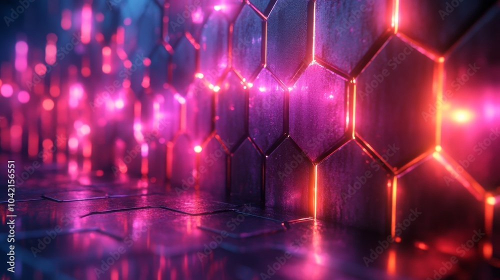 Poster A collection of hexagonal shapes showcases vibrant neon lights in shades of pink and purple. The glowing patterns create a striking visual in a dimly lit, futuristic setting.