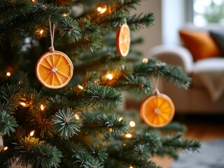 Handmade dried orange ornaments hanging on a Christmas tree with warm lights, showcasing a rustic holiday decoration style