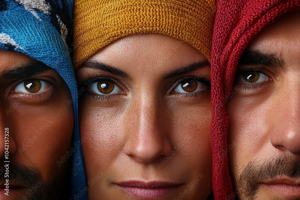 Poster Hyper-realistic portrait of a diverse group, showing intricate details of each face, representing people from different parts of the world