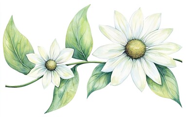 Fototapeta premium Delicate white flowers with soft green leaves on a gentle vine, capturing the beauty of nature in spring