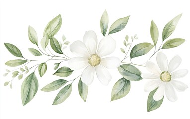 Fototapeta premium Beautiful watercolor illustration of white flowers and green leaves in a serene and calming arrangement