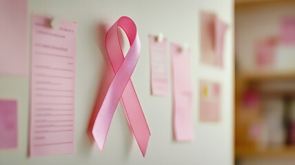 Breast cancer awareness poster pinned on a community bulletin board, featuring a pink ribbon and support details, bright lighting. Breast Cancer Awareness Month