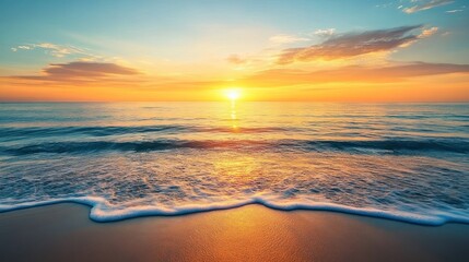 Fototapeta premium A serene sunset over a tranquil ocean, reflecting vibrant colors on the water's surface.