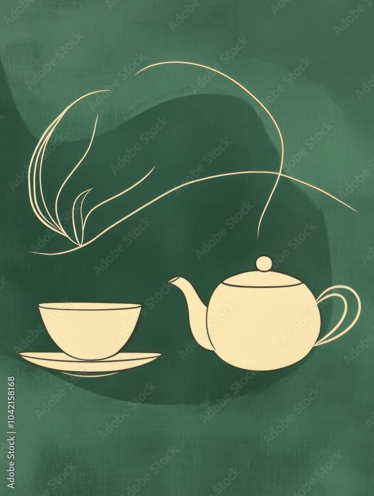 Poster a simple line art illustration features a teapot and cup set on a soothing green background, evoking