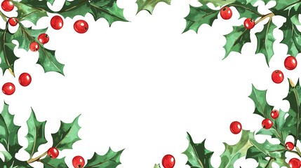 Fototapeta premium Festive holly leaves and berries arranged to create a cheerful border for winter celebrations