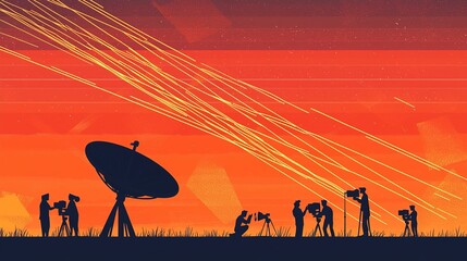 Silhouettes of scientists observing meteors under a vivid sunset at an astronomical observatory