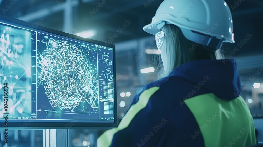 Poster engineer analyzing data on a computer in a high-tech facility during the late afternoon