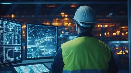 Obraz premium A technician monitors control screens at night in an industrial facility to ensure operational integrity and safety