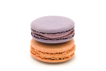 Sweet colorful varied assortment macarons cookies with filling isolated on a white background. Handmade traditional sweets. Clipping Path.	