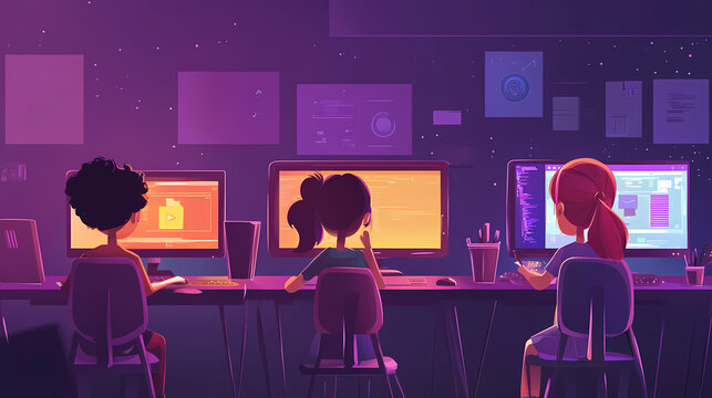 Children working on digital art projects in a computer lab for international day of education in flat vector and papercut style. Digital Vector Art. Illustration