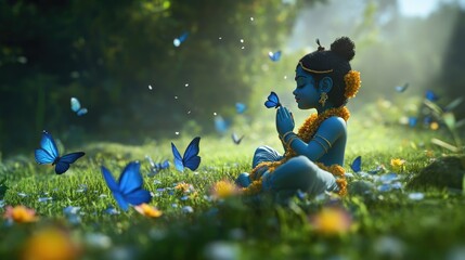 A charming depiction of little Krishna playing with colorful butterflies in a lush green meadow.