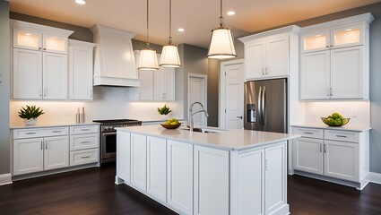 Fototapeta premium Modern kitchen interior featuring white cabinets spacious island and elegant lighting fixture