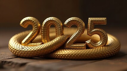 Obraz premium year 2025 gold colored numbers in snakeskin and snake, blur. Concept card,season, holiday,decoration,festive, traditional, copy space,poster, text,symbol, date,glitter, luxury, party,banner