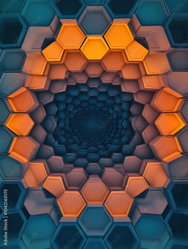 Fototapete Layered hexagons in shades of blue and orange create a mesmerizing geometric pattern that draws the eye inward toward the center. Generative AI