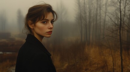 A woman standing in a foggy forest, surrounded by tall, leafless trees and dry, yellowish grass. The misty atmosphere and the woman's dark coat create a mysterious and somber scene