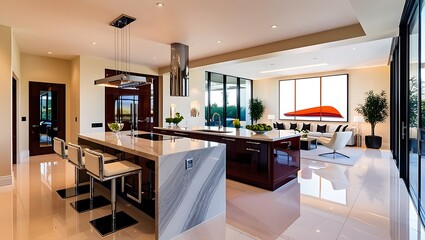 Fototapeta premium Modern kitchen wallpaper featuring glossy marble floors and sleek fixtures