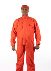 Male prisoner in orange robe on white background