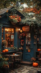 Naklejka premium Autumnal Shopfront with Pumpkins and Flowers - Realistic Image