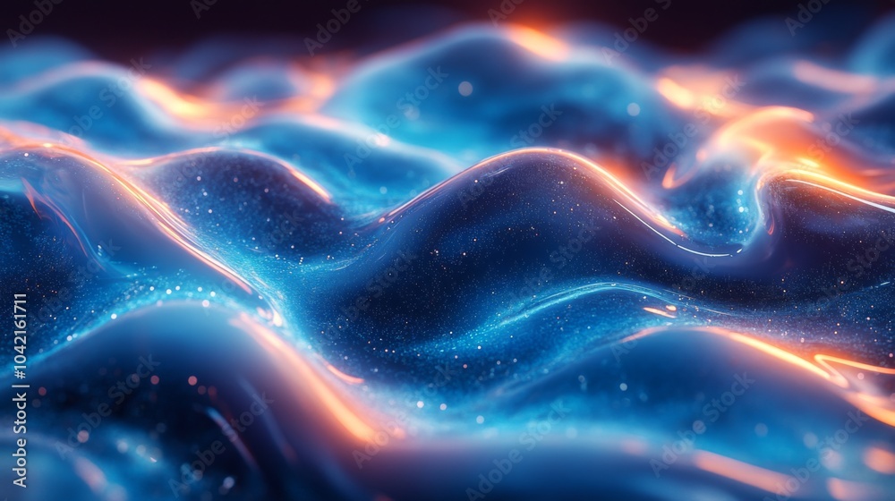Poster a stunning display of glowing waves reflects deep blue and vibrant orange hues, creating an ethereal