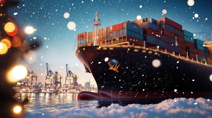Cargo ship in a snowy port with containers and festive lights during the holiday season

