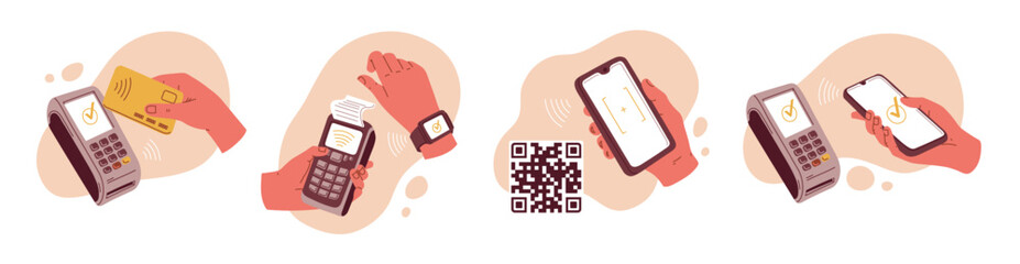 Illustration of hands making contactless payments using various devices.