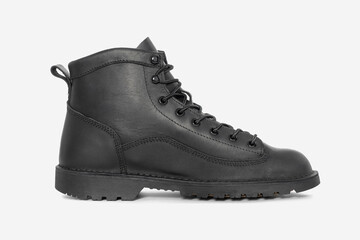 Black leather boots on white background. Fashion