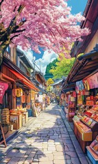 Fototapeta premium Japanese street market with cherry blossoms.