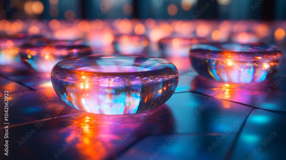 Poster brightly colored translucent disks rest on a reflective surface, creating an enchanting display of l