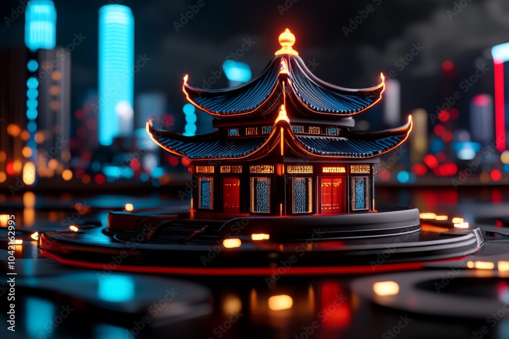 Poster night view of the summer palace glowing with neon lights, surrounded by a futuristic city skyline, c