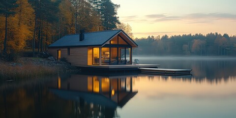 Obraz premium Cozy prefabricated house stands at edge of peaceful lakeside, its reflection mirrored perfectly in calm water.