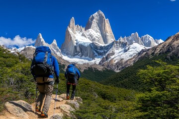 Mountaineers scaling the steep face of Monte Fitz Roy, capturing the thrill and challenge of conquering one of Patagoniaâ€™s most famous peaks