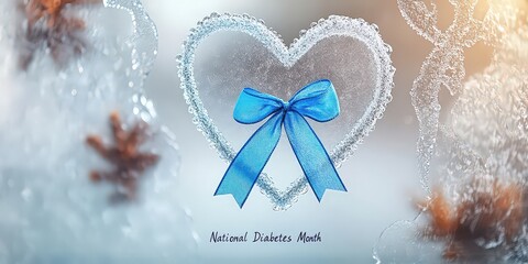  Heart-shaped frost with a blue ribbon, representing National Diabetes Month, highlighting awareness and support for those affected by diabetes.