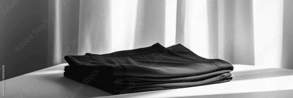 Poster minimalist sportswear is carefully arranged on a smooth table, illuminated by gentle natural light f