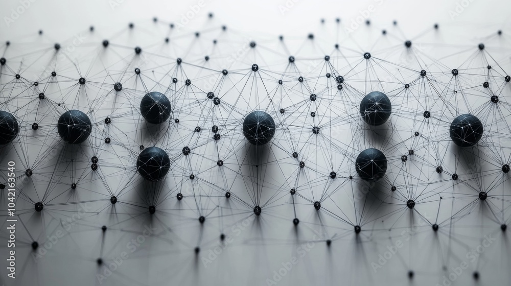Poster A formation of black spheres connected by thin lines creates an intricate pattern on a light grey surface, symbolizing complex data connections in technology.