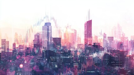 Fototapeta premium A vibrant cityscape with a soft, pastel color scheme, the city is a blend of old and new, with towering skyscrapers and traditional buildings.